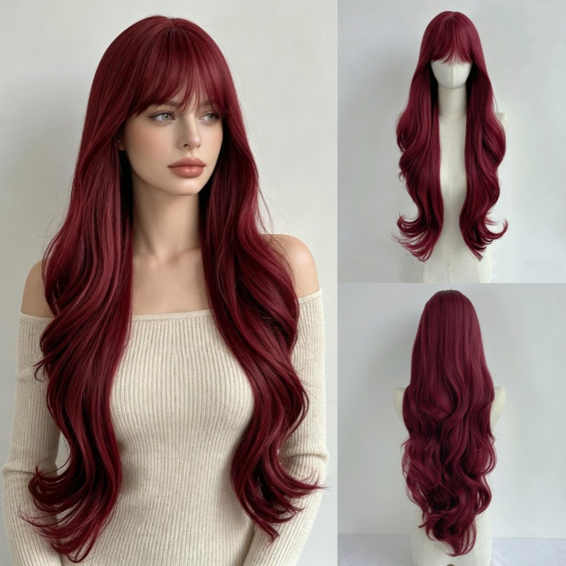 Burgundy long wavy synthetic wig with bangs: supplier styling illustration at left and front and back wig-stand product views at right