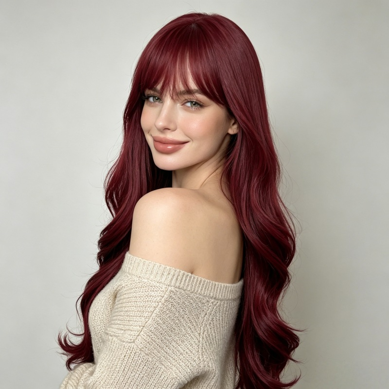 Supplier-provided back-side styling illustration of a burgundy long wavy synthetic wig with bangs; actual appearance may vary