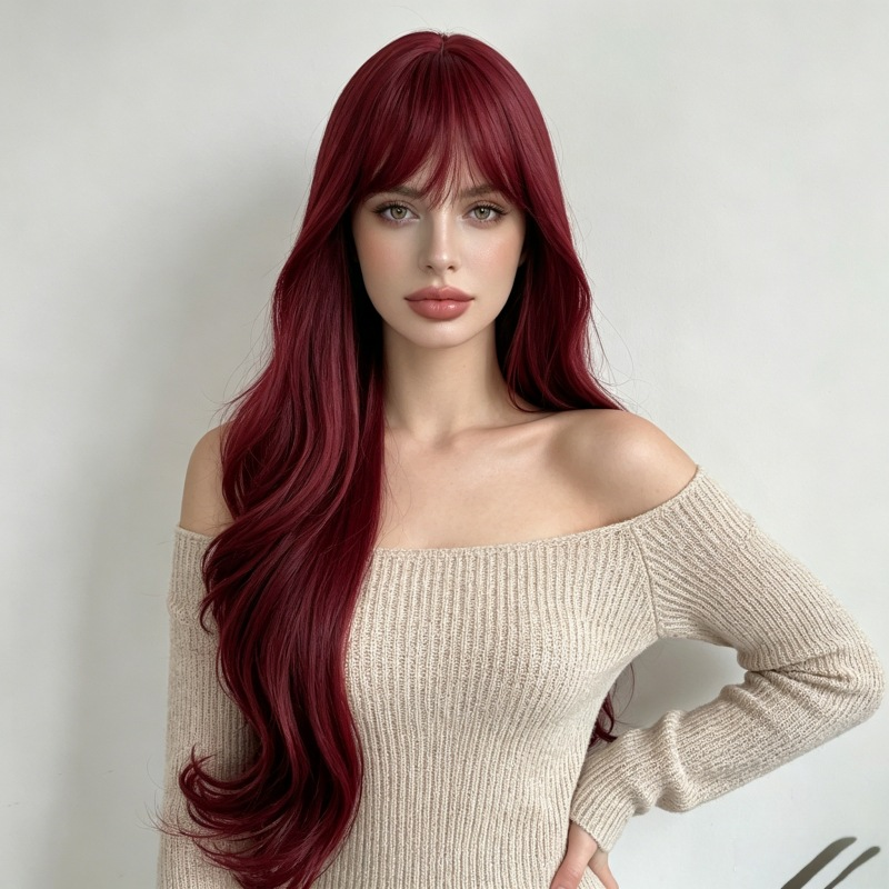 Supplier-provided front styling illustration of a burgundy long wavy synthetic wig with wispy bangs; not a verified wearer photograph