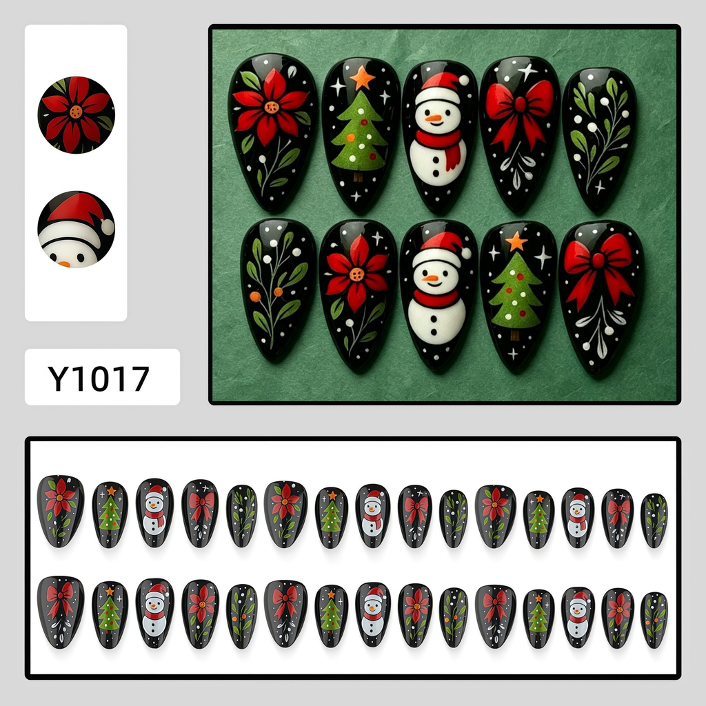 Vintage Christmas Press-On Nails – Snowman, Red Bow & Poinsettia, 30Pcs Black Almond Fake Nails