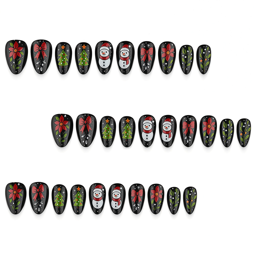 Vintage Christmas Press-On Nails – Snowman, Red Bow & Poinsettia, 30Pcs Black Almond Fake Nails