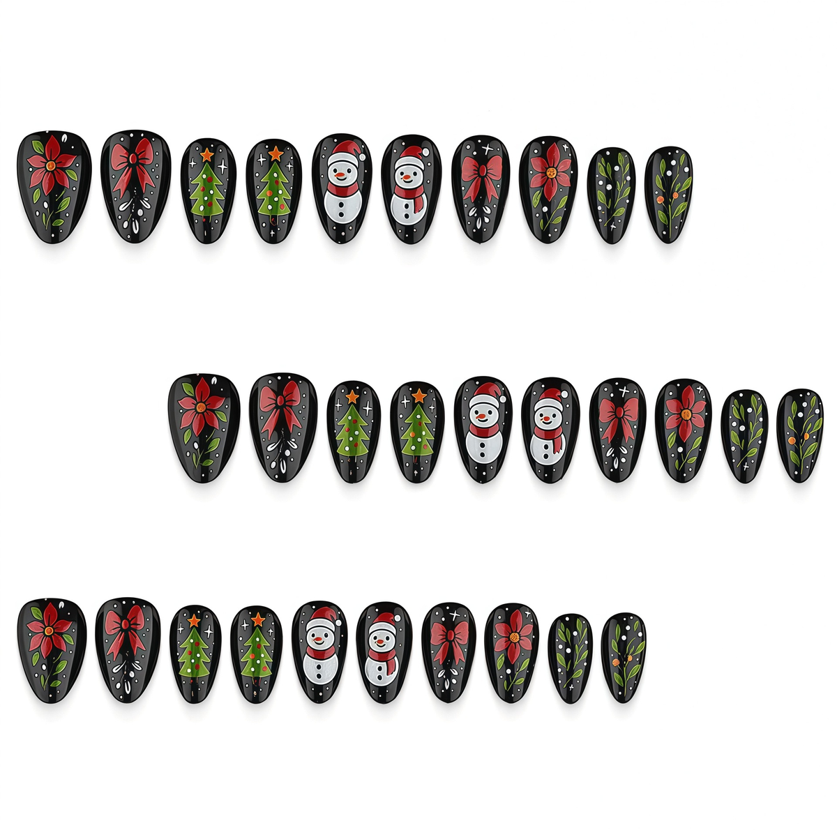 Vintage Christmas Press-On Nails – Snowman, Red Bow & Poinsettia, 30Pcs Black Almond Fake Nails