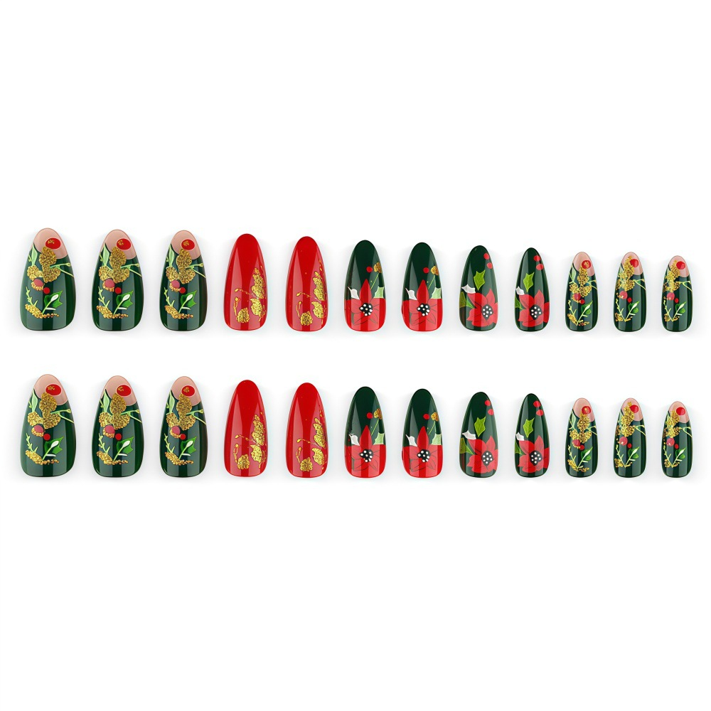 Classic Christmas Press-On Nails – Holly Berry & Gold Foil, 24Pcs Red Green Almond Fake Nails