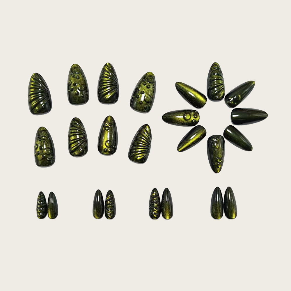 Green Cat-Eye Press-On Nails – 3D Shell Texture Almond Set