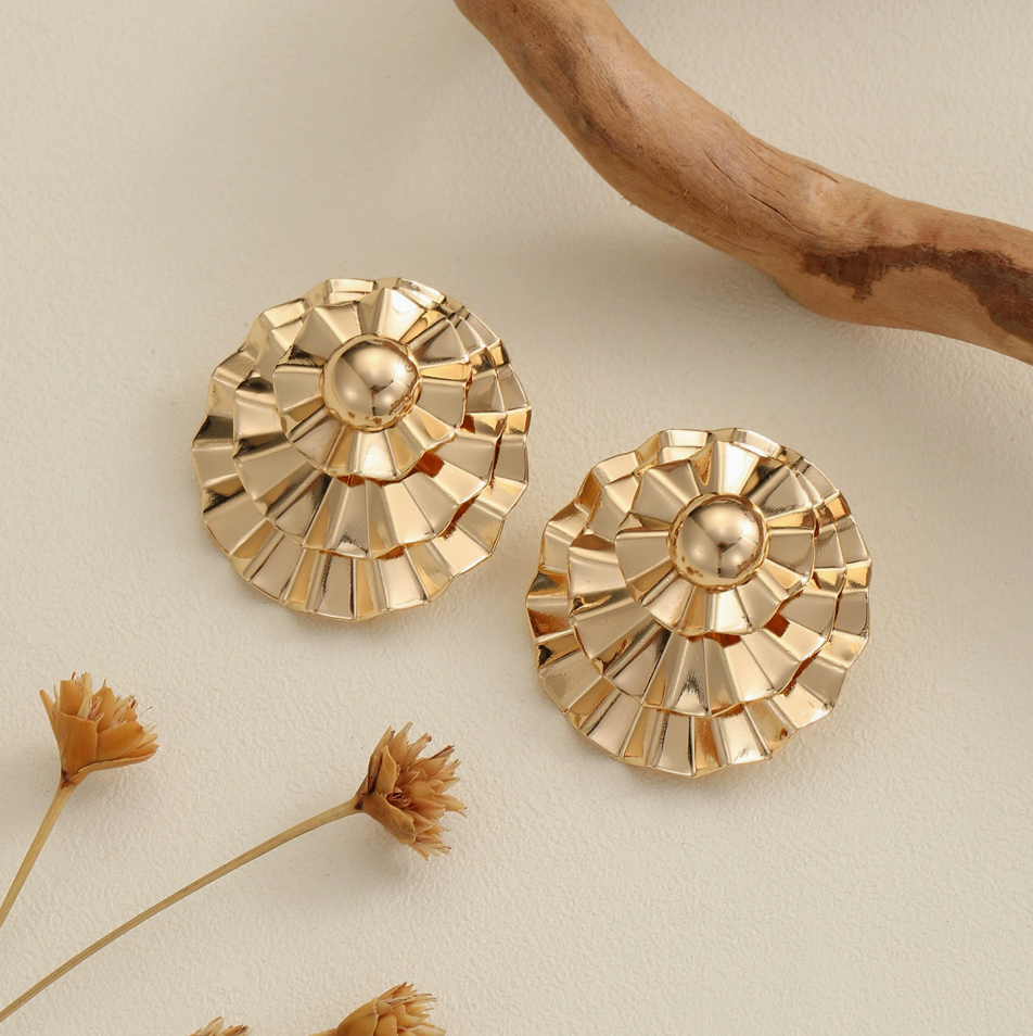 Chunky Fan Stud Earrings – Gold & Silver Geometric Statement Studs