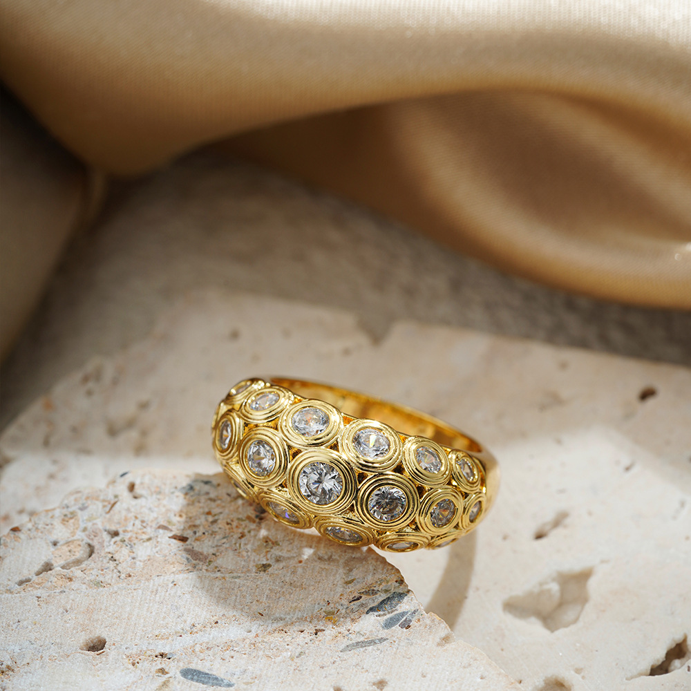 Vintage Gold Zircon Dome Ring – Honeycomb Bezel Statement Ring