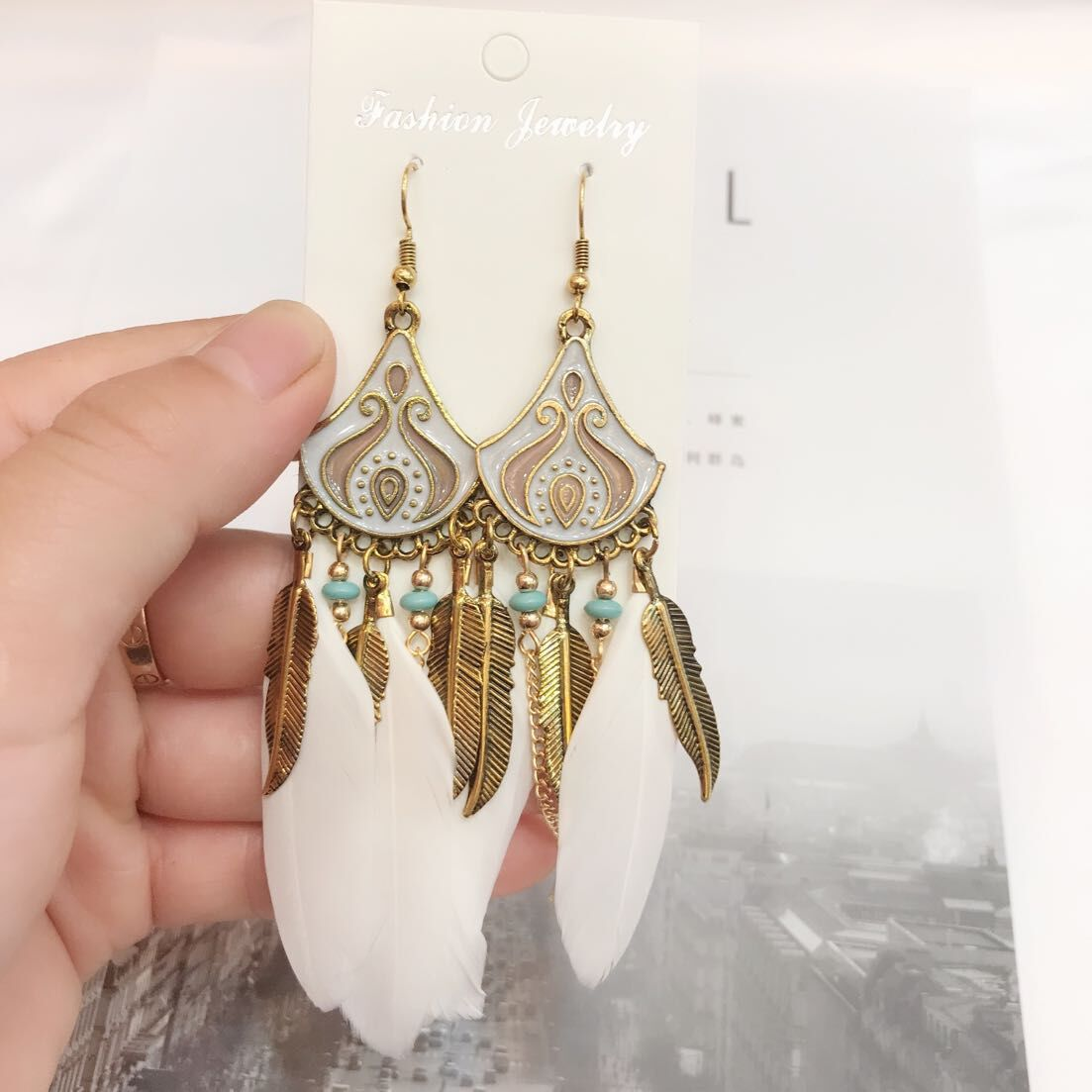 Bohemian Feather Earrings – Gold-Tone Enamel Chandelier Drop Earrings