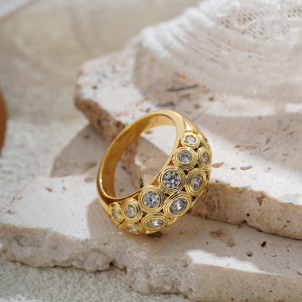Vintage Gold Zircon Dome Ring – Honeycomb Bezel Statement Ring