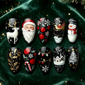 Vintage Black Gold Christmas Press-On Nails – Santa Snowman Reindeer Almond Set