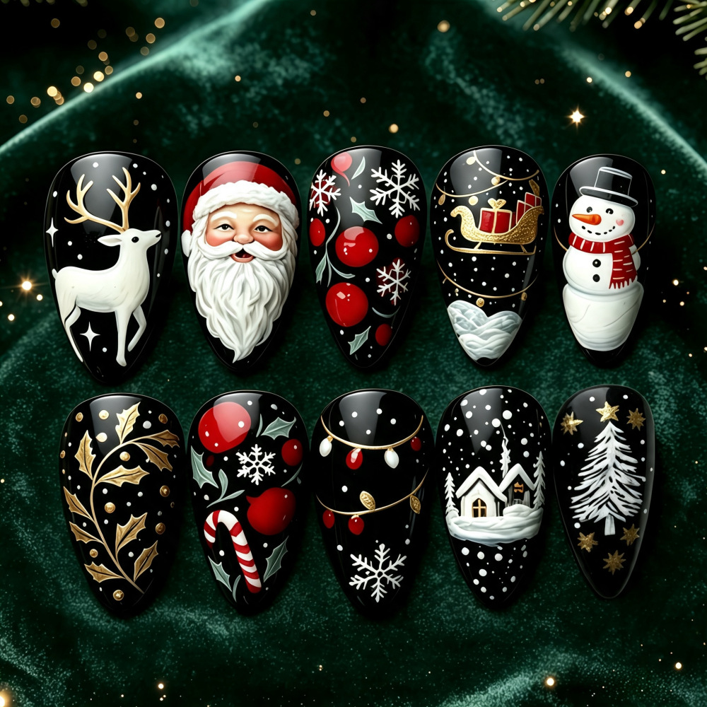 Vintage Black Gold Christmas Press-On Nails – Santa Snowman Reindeer Almond Set