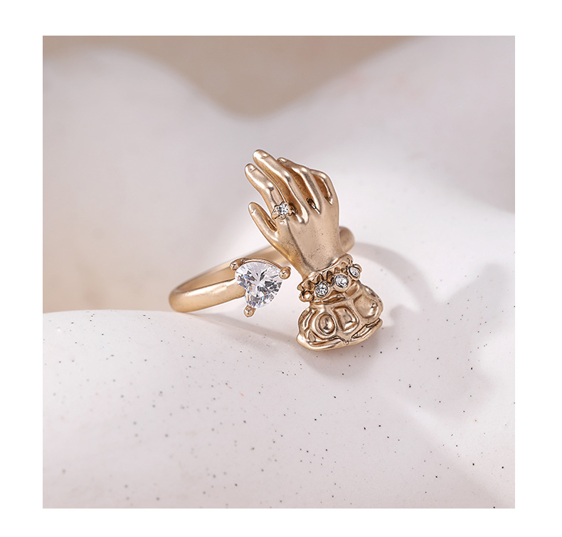 Sculptural Hand Ring – Antique Bronze Heart Zircon Ring