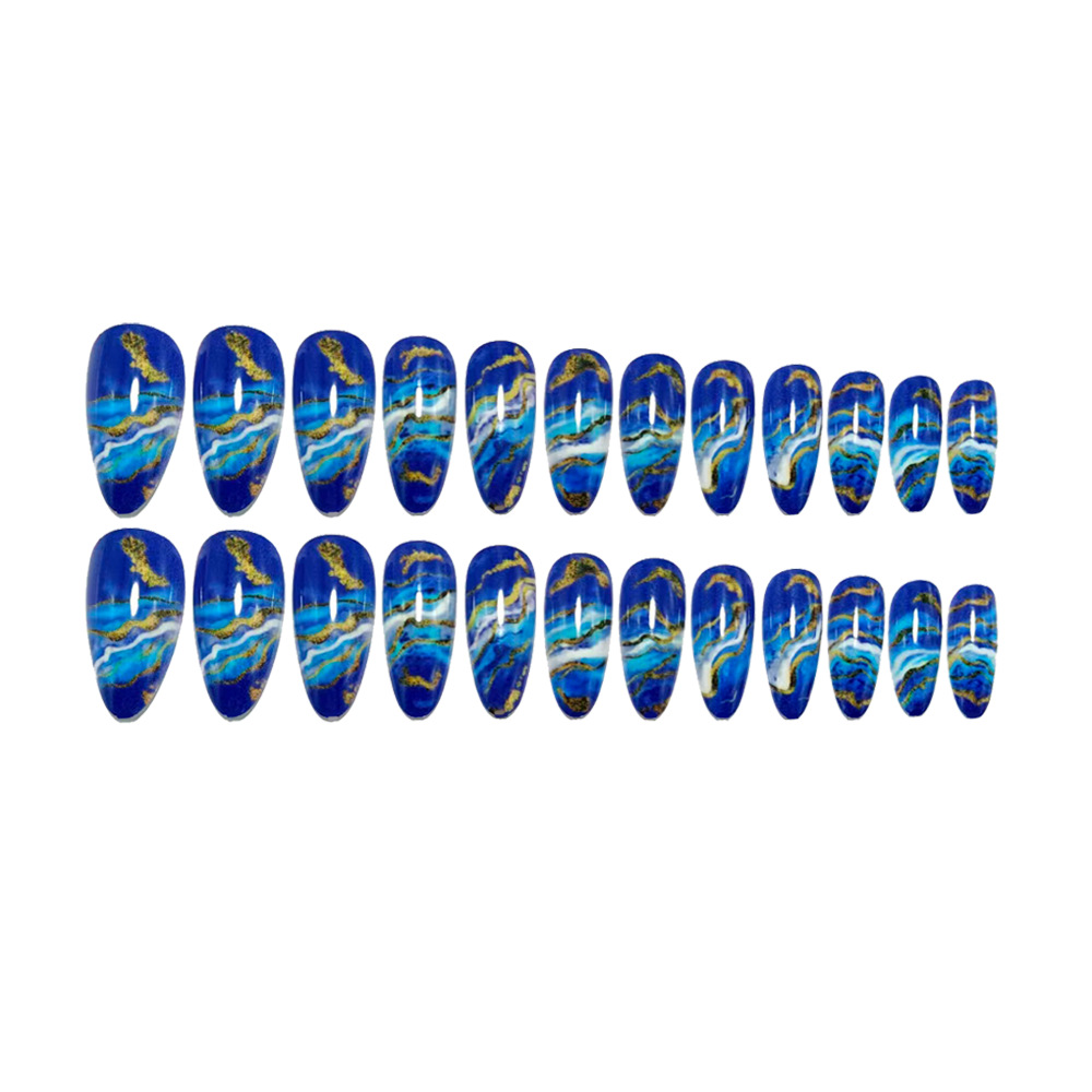 Ocean Blue Marble Press-On Nails – Deep Blue Gold Vein Almond Set, 24Pcs Fake Nails