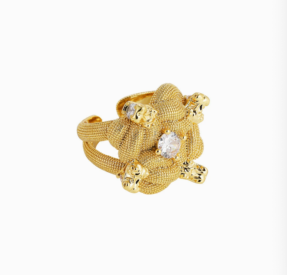 Gold Knot Zircon Ring – Chunky Hip-Hop Textured Statement Ring