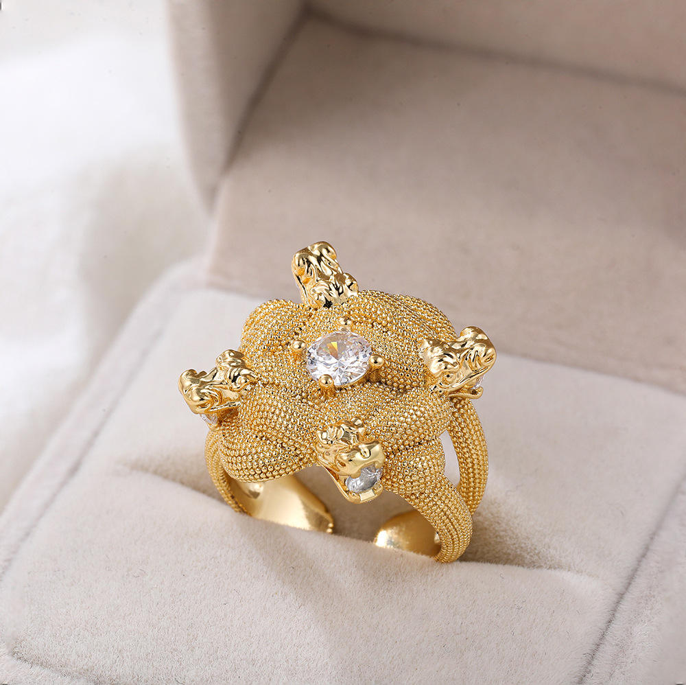 Gold Knot Zircon Ring – Chunky Hip-Hop Textured Statement Ring