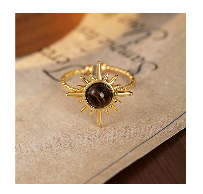 Tiger's Eye Sunburst Ring – Chunky Gold Daisy Ring with Zircon Center