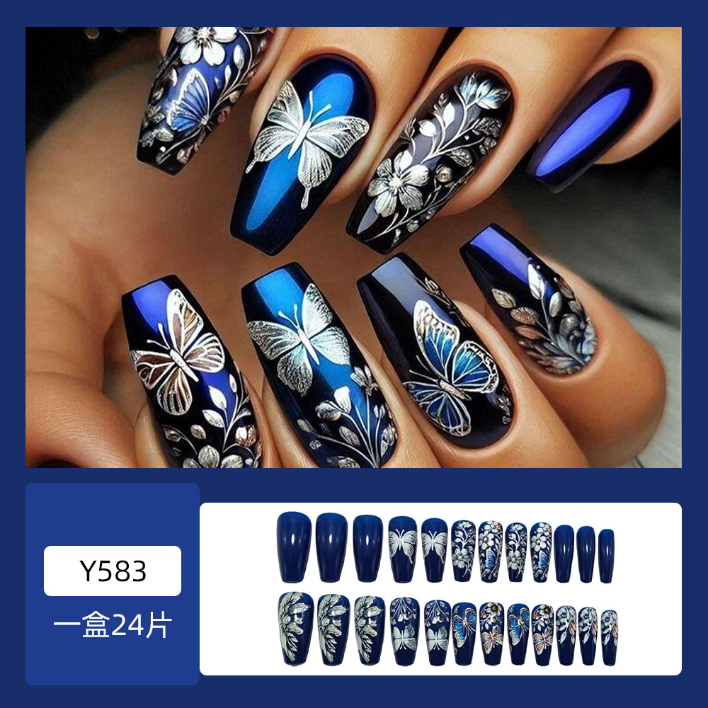 Silver Butterfly Press-On Nails – Blue Floral Mid-Long Coffin Set, 24Pcs Fake Nails