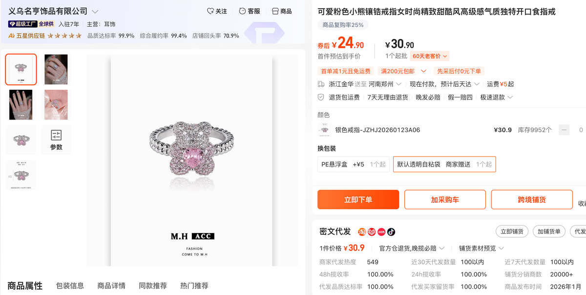 Teddy Bear Heart Ring – Cute Pink Enamel & Zircon Animal Ring
