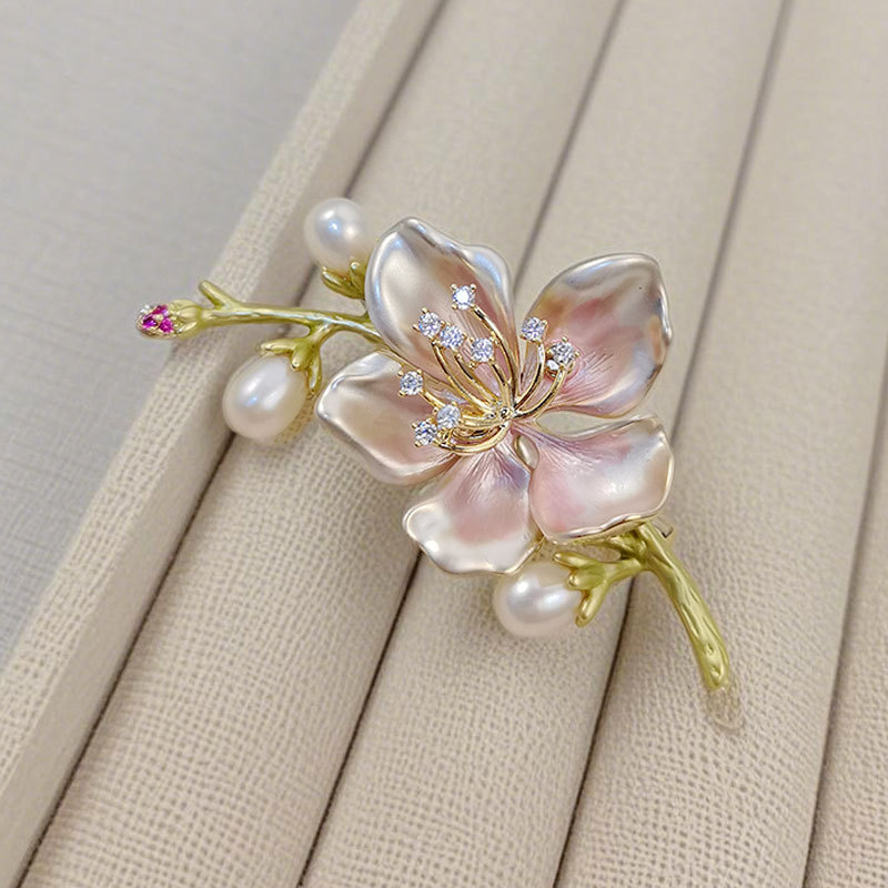 Freshwater Pearl Flower Brooch Pin – Enamel Floral Brooch in 5 Colors, Gold-Plated