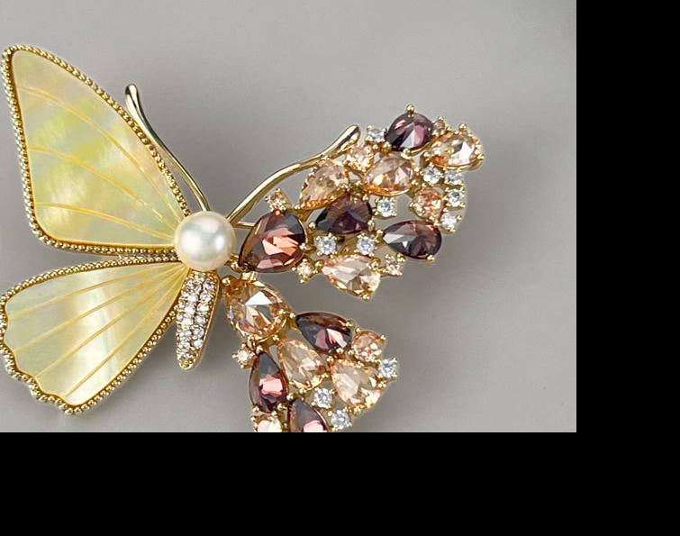 Butterfly Brooch Pin with Mother of Pearl & Crystals – Enamel Butterfly Pin, Silver Peacock / Coffee Gold