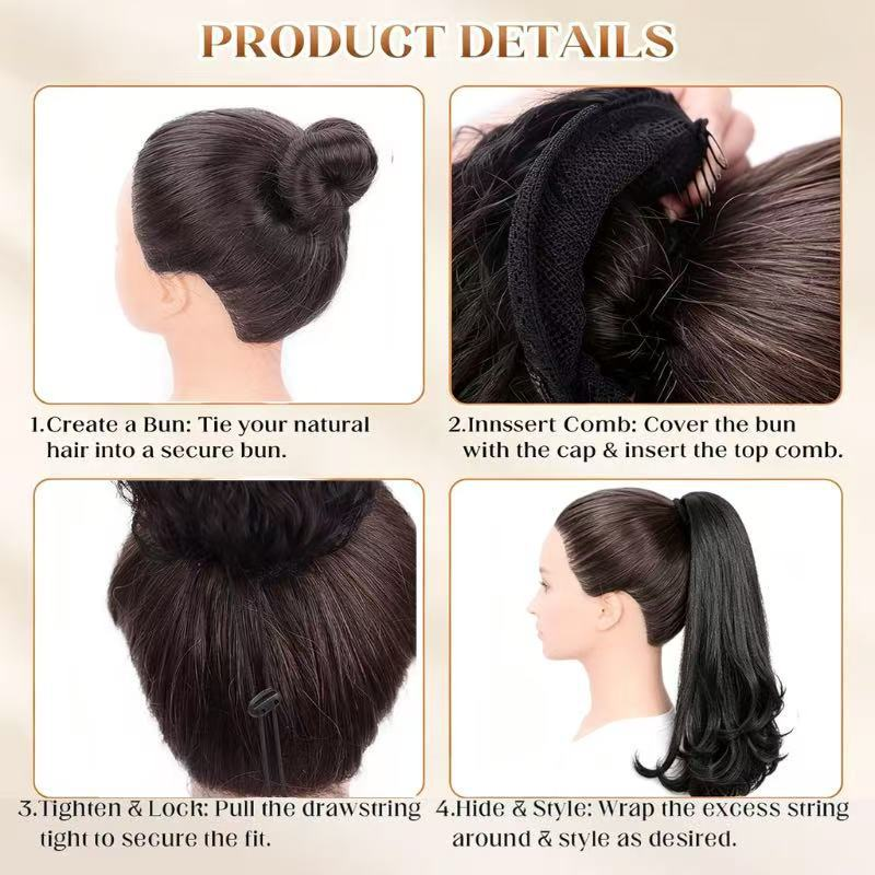 How to attach the ponytail over a bun, insert the combs, tighten the drawstring and tuck the cord