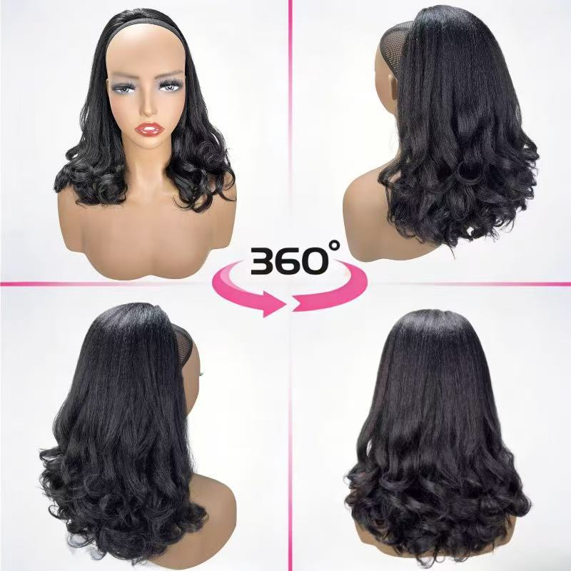 Multiple mannequin views of a black synthetic drawstring ponytail with yaki texture and curled ends