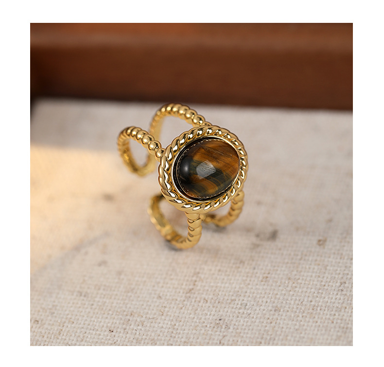 Tiger's Eye Oval Ring – Gold Twisted Rope Adjustable Band Ring for Women