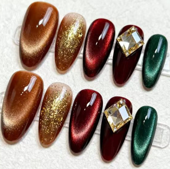 Cat-Eye Gemstone Press-On Nails – Sweet Red Green Almond Set, 24Pcs Crystal Accent Fake Nails