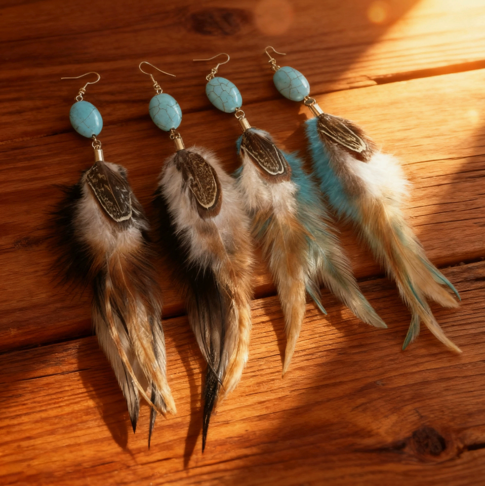 Textured Stone Feather Earrings – Boho Drop Earrings in Black & Lake Blue