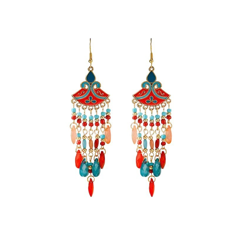 Bohemian Beaded Fringe Earrings – Enamel Fan Drop Earrings in 7 Colors