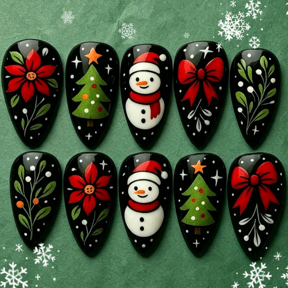 Vintage Christmas Press-On Nails – Snowman, Red Bow & Poinsettia, 30Pcs Black Almond Fake Nails
