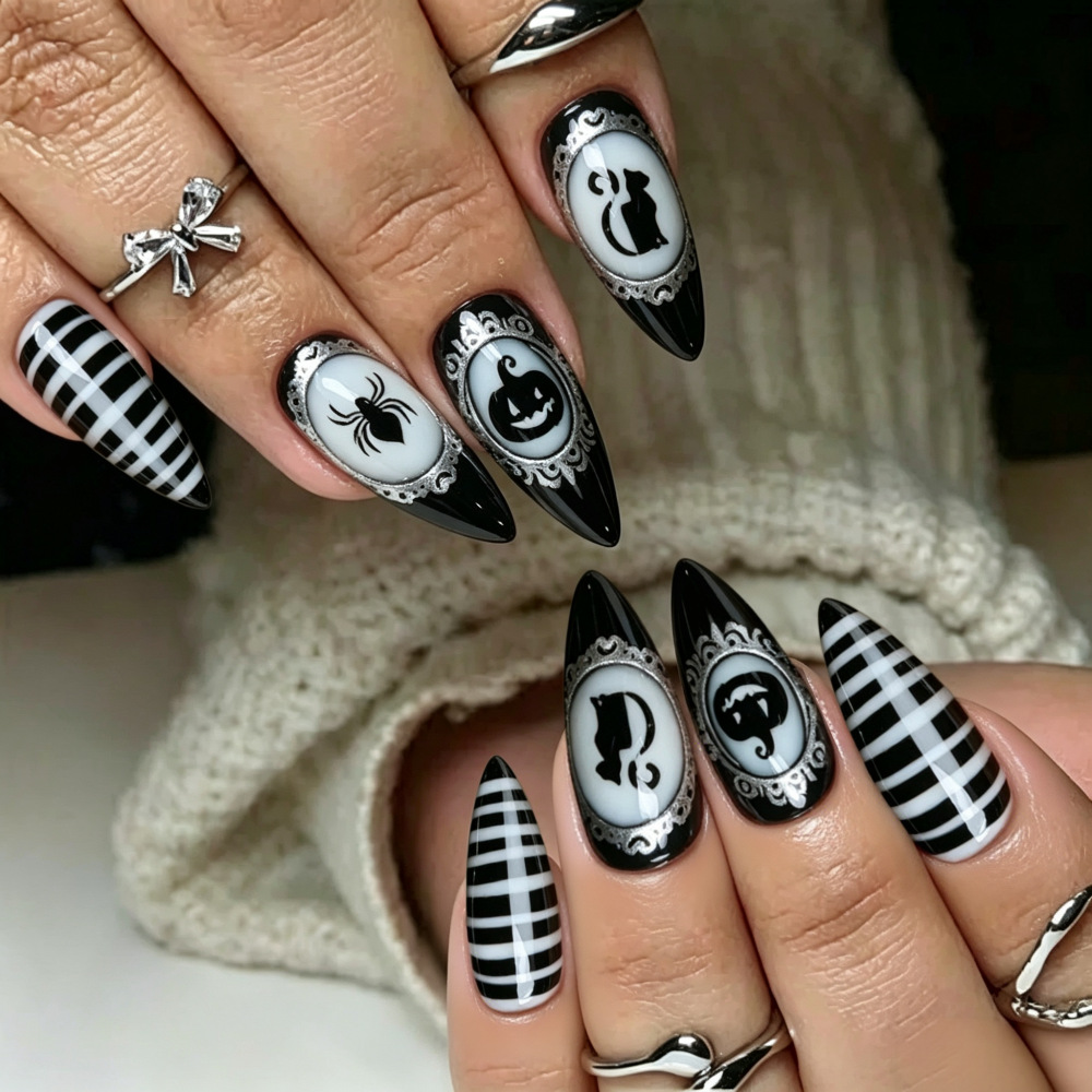 Halloween Gothic Press-On Nails – Black White Striped Cameo Almond Set