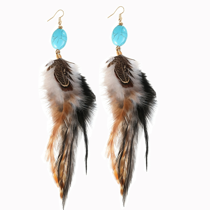 Textured Stone Feather Earrings – Boho Drop Earrings in Black & Lake Blue