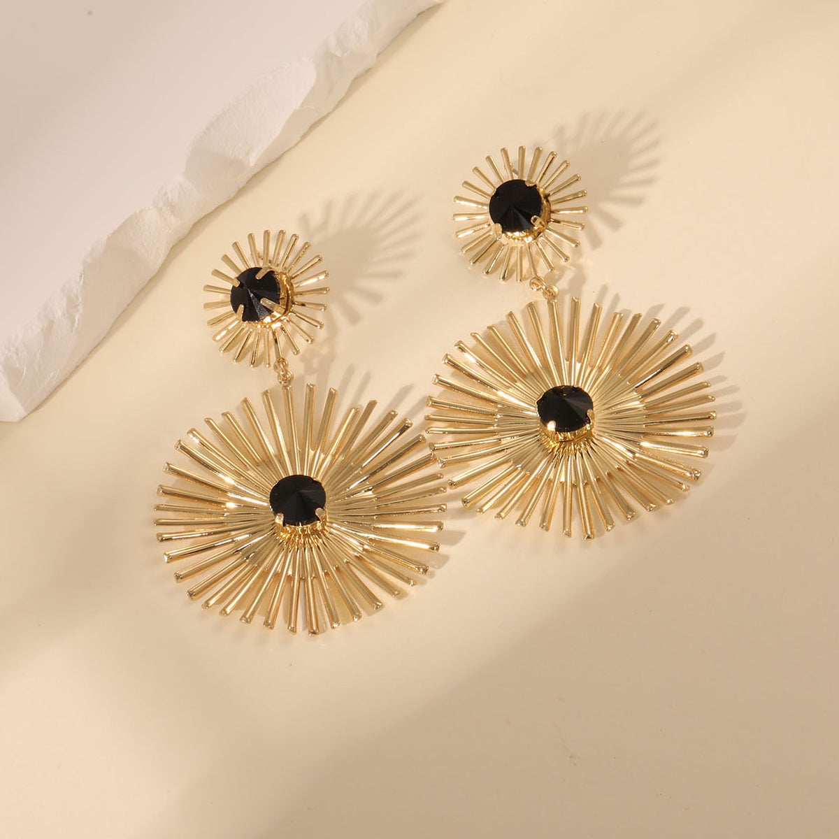 Gold Sunburst Statement Earrings – Geometric Crystal Drop Dangle Earrings
