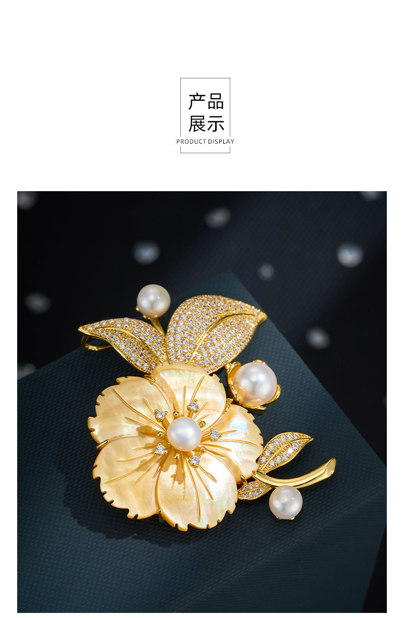 Mother of Pearl Flower Brooch Pin with Freshwater Pearls – Gold-Plated Floral Brooch, Wear as Brooch or Pendant