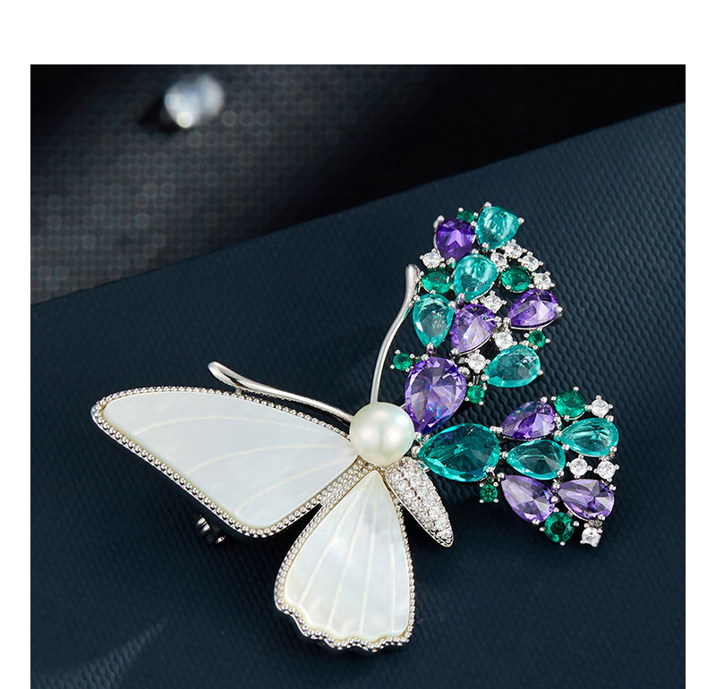 Butterfly Brooch Pin with Mother of Pearl & Crystals – Enamel Butterfly Pin, Silver Peacock / Coffee Gold