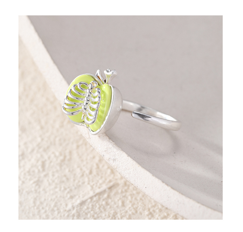Skeleton Apple Ring – Green Enamel Alt Statement Ring in Silver