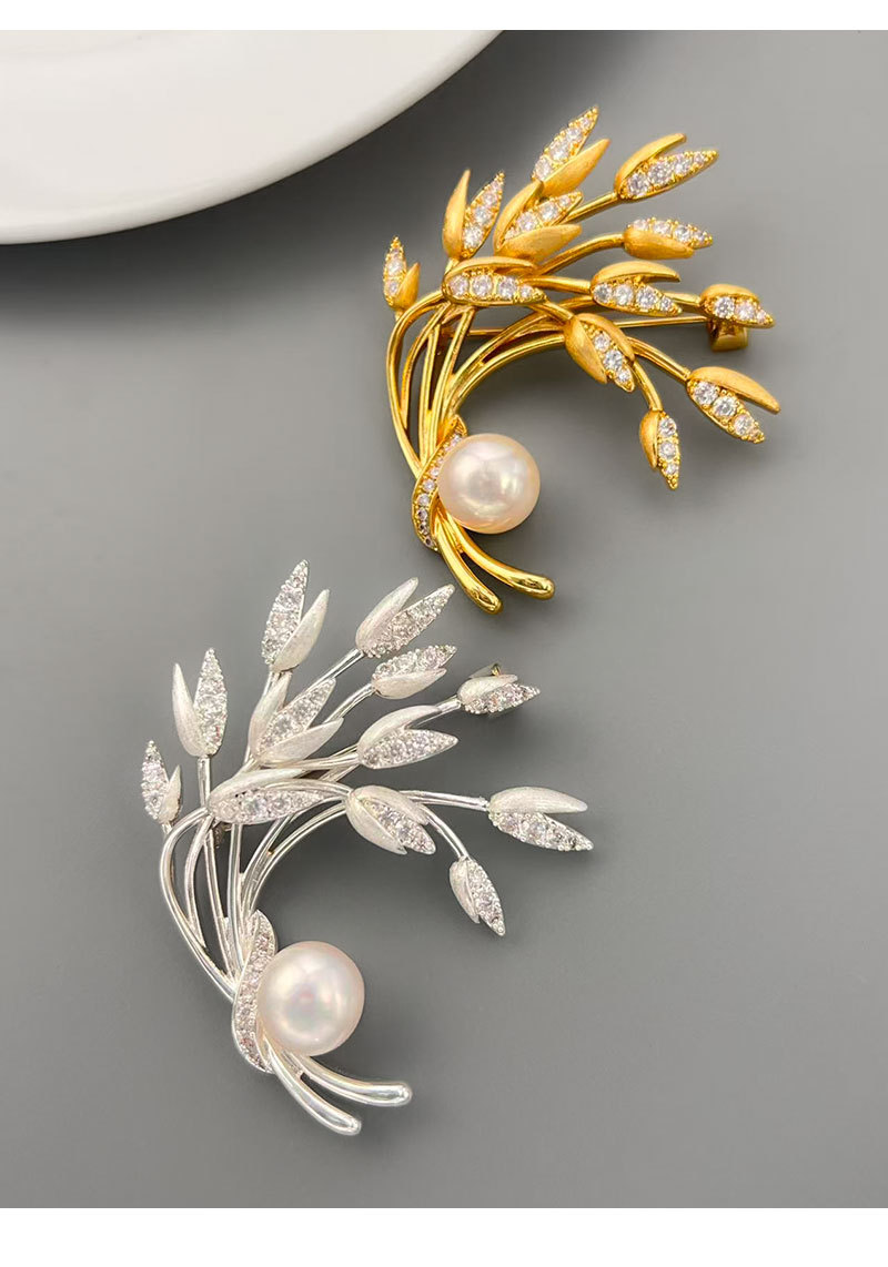 Wheat Ear Brooch Pin with Freshwater Pearl – Crystal Wheat Brooch, Gold/Silver, Wear as Brooch or Pendant