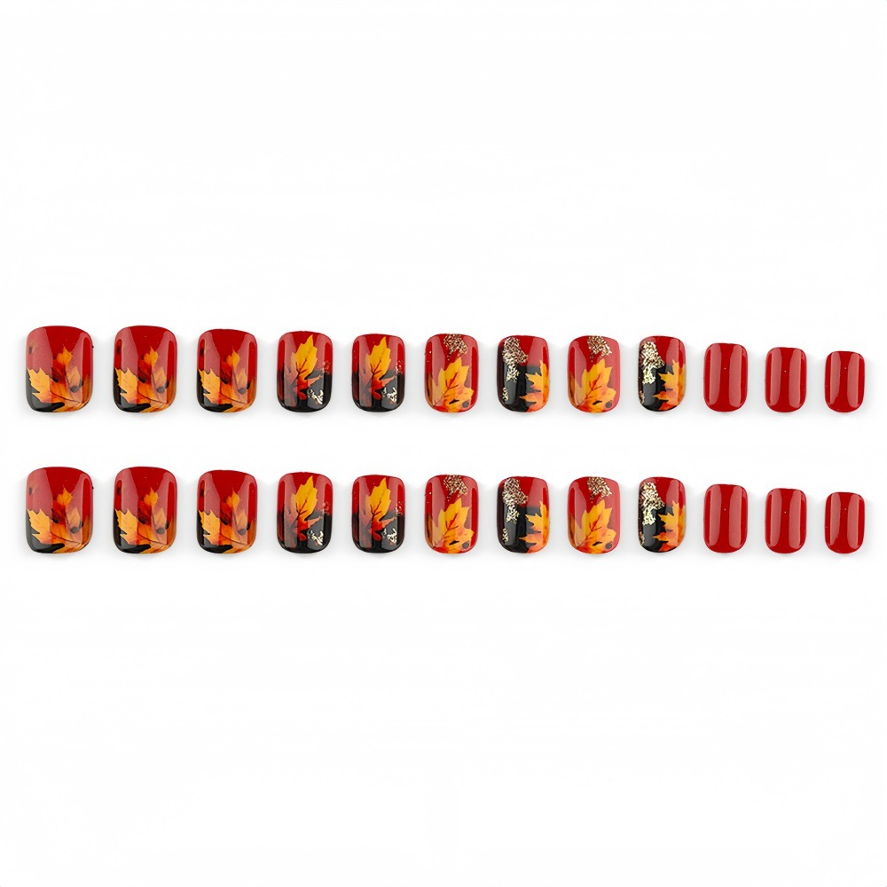 Autumn Maple Leaf Press-On Nails – Red Brown Gradient Short Square Set