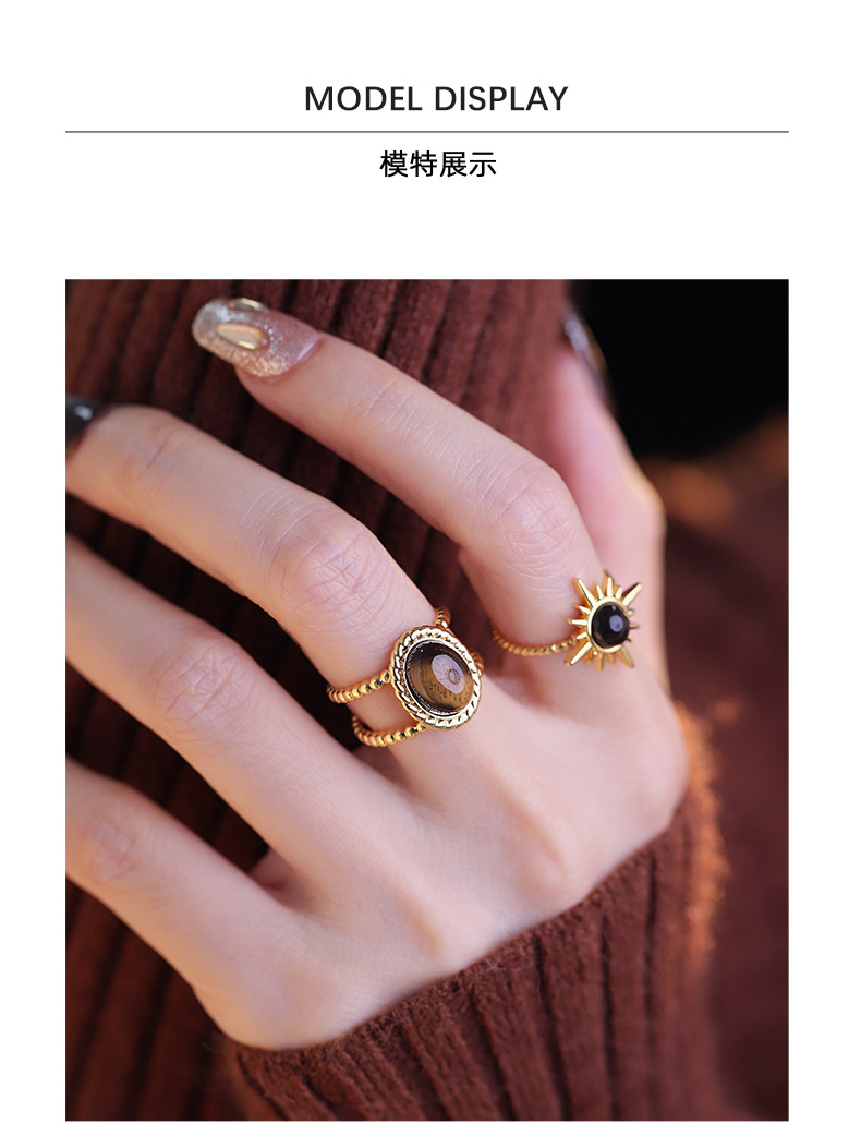 Tiger's Eye Oval Ring – Gold Twisted Rope Adjustable Band Ring for Women