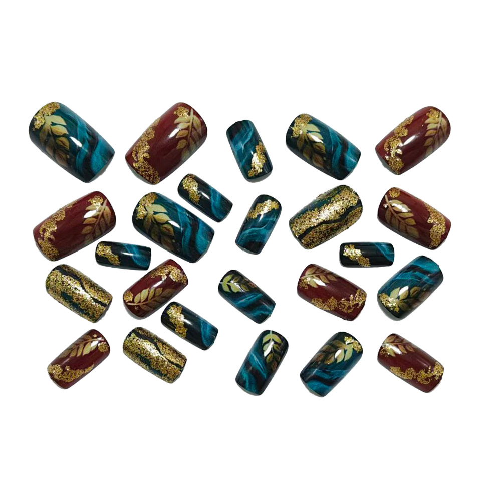 Vintage Gold Leaf Press-On Nails – Green Burgundy Marble Set, 24Pcs Square Fake Nails