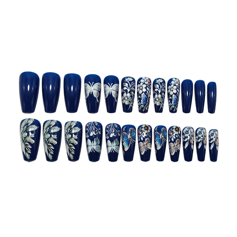 Silver Butterfly Press-On Nails – Blue Floral Mid-Long Coffin Set, 24Pcs Fake Nails