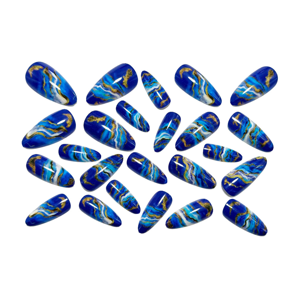 Ocean Blue Marble Press-On Nails – Deep Blue Gold Vein Almond Set, 24Pcs Fake Nails