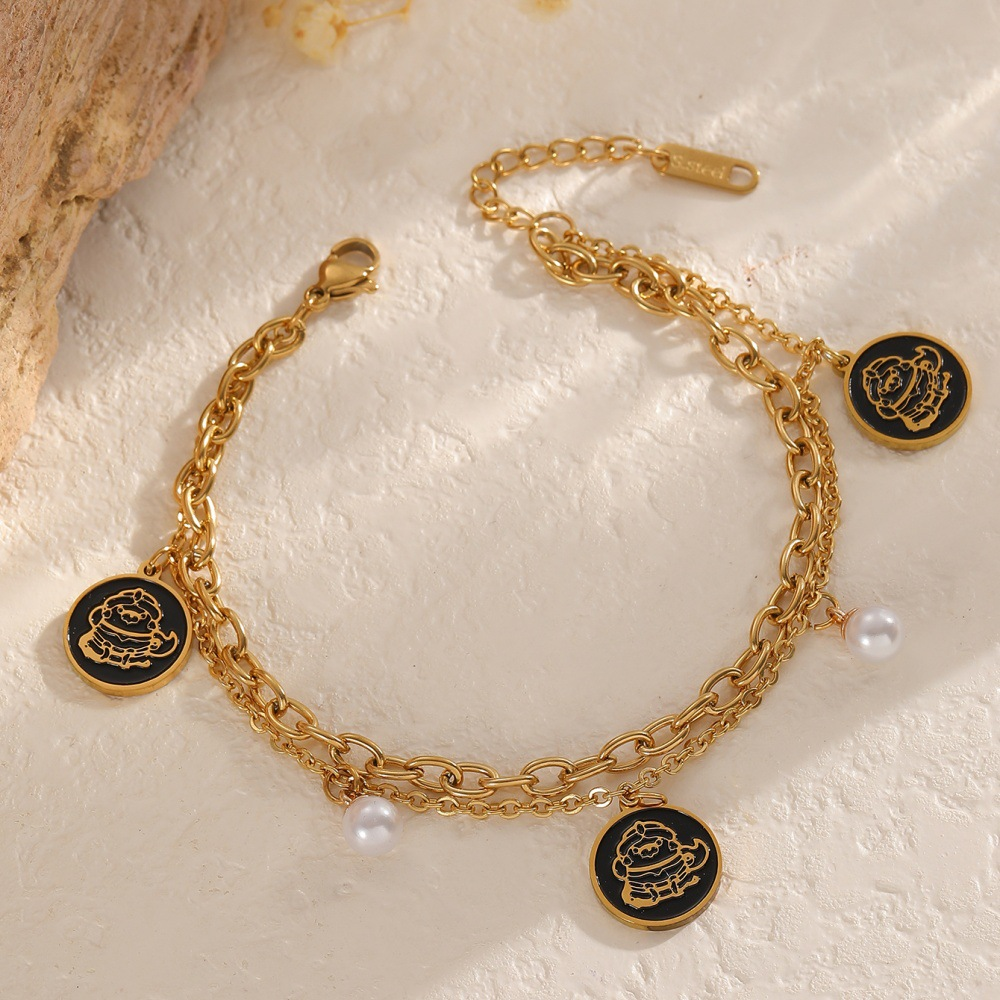 Cartoon Coin Charm Bracelet – Gold Double-Chain with Pearls