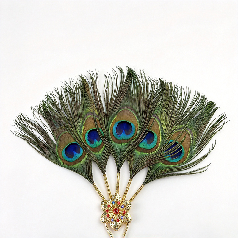 Peacock Feather Hair Pin – Gold Flower Feather Hair Fork