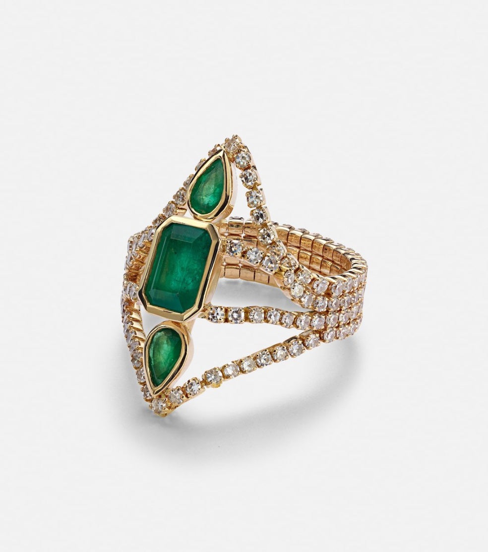 Emerald Green Zircon Ring – Vintage Gold V-Band Statement Ring