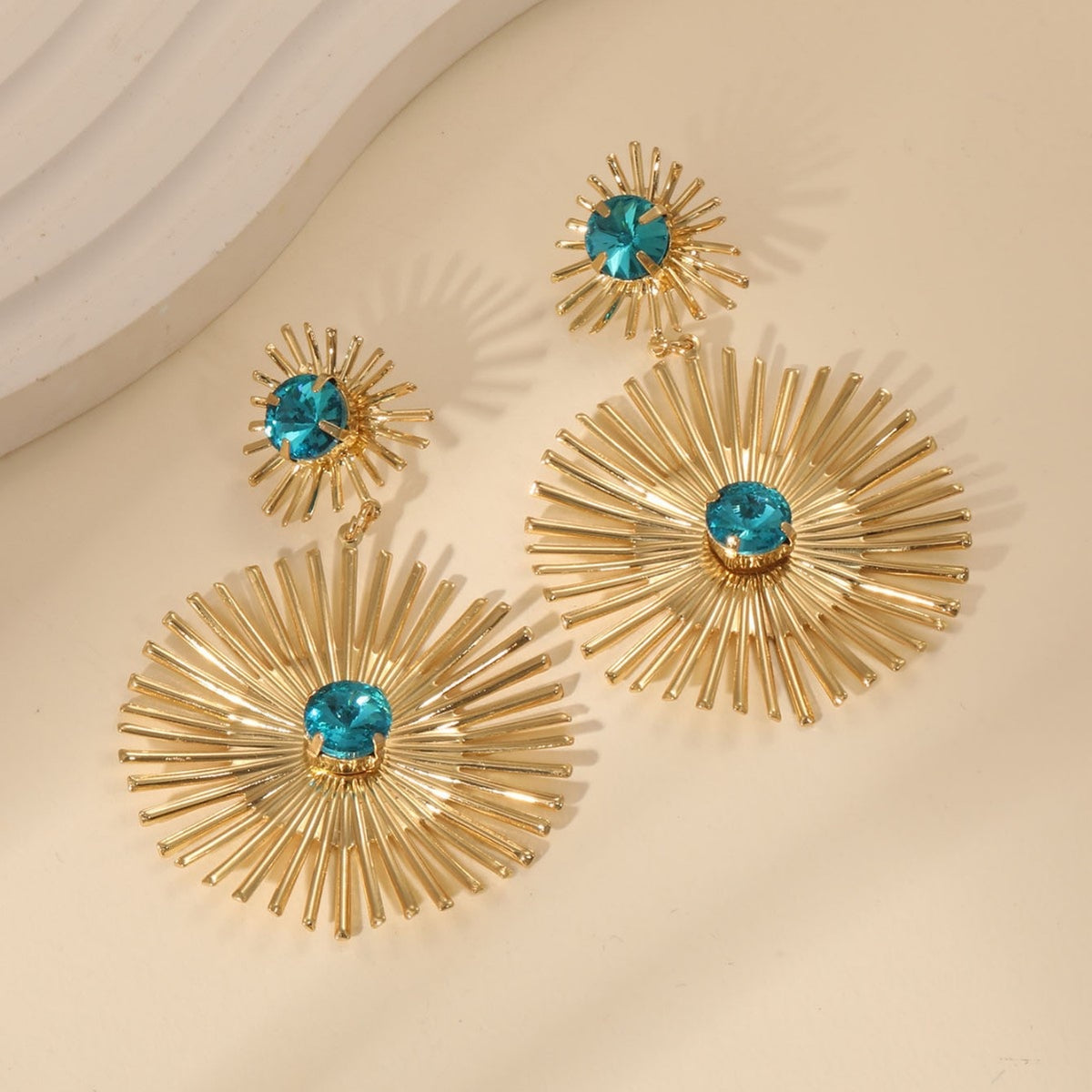 Gold Sunburst Statement Earrings – Geometric Crystal Drop Dangle Earrings