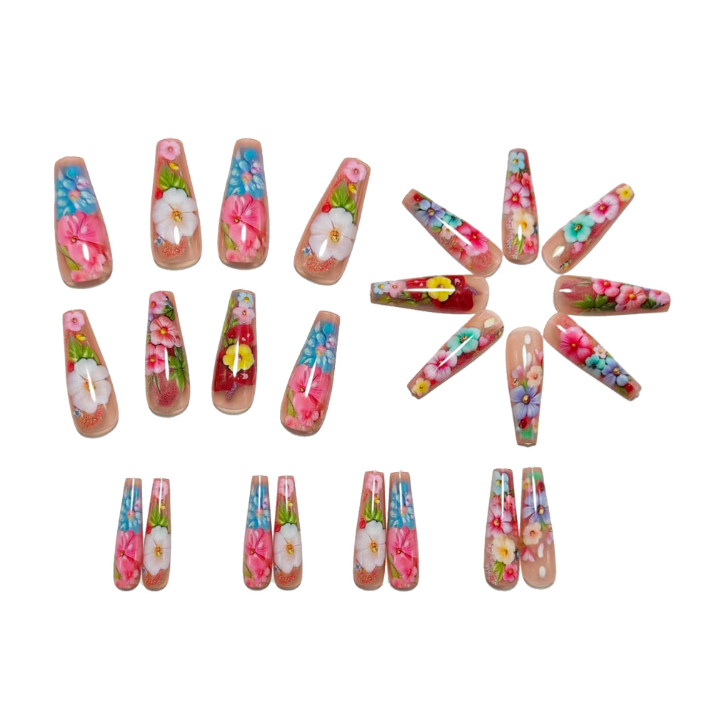 3D Flower Press-On Nails – Hand-Painted Floral Long Coffin Set, 24Pcs Sweet Summer Fake Nails