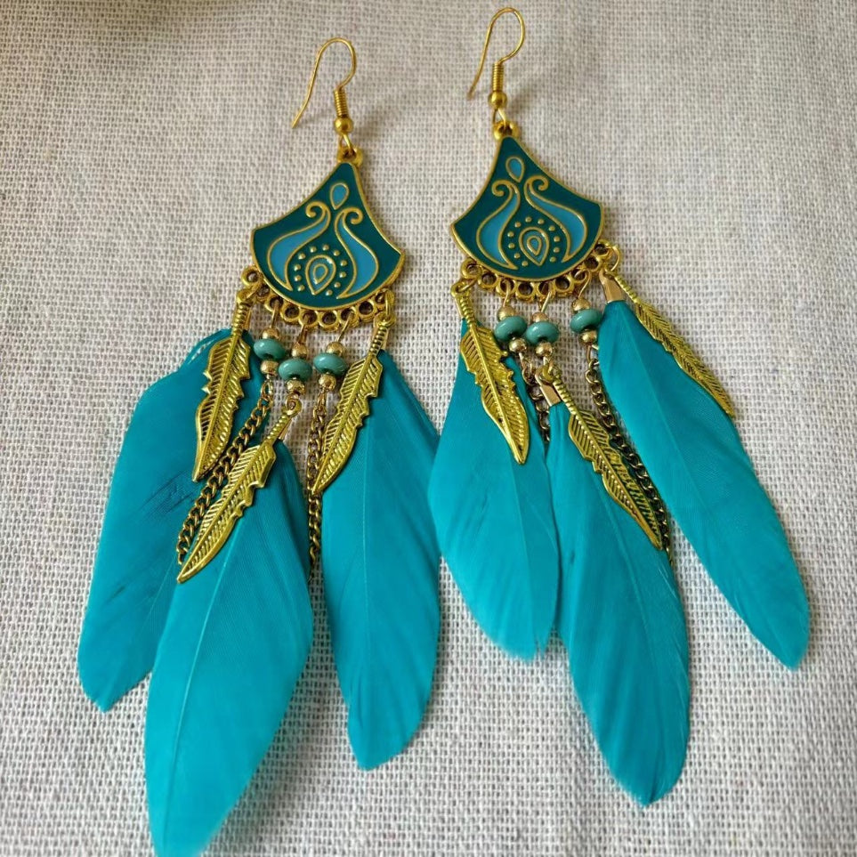 Bohemian Feather Earrings – Gold-Tone Enamel Chandelier Drop Earrings