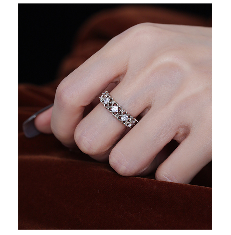 Vintage Lace Zircon Ring – Coffee Gold Openwork Adjustable Band Ring for Women