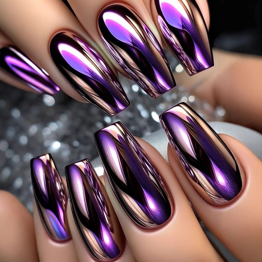 Aurora Chrome Press-On Nails – Purple Flash Long Coffin Set, 24Pcs Ballerina Fake Nails